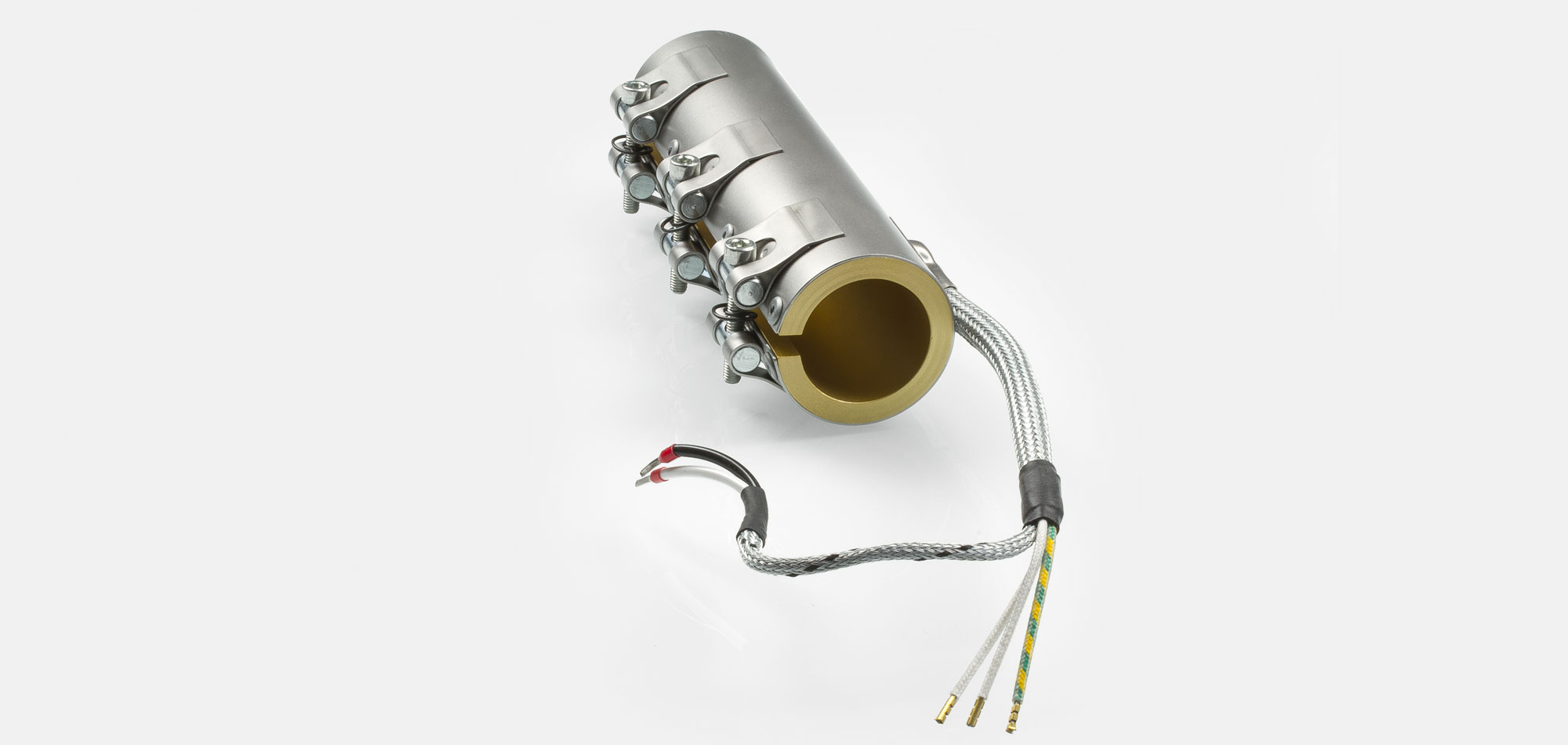 Düsenheizband, für Temperatur bis 450°C/550°C, Spitzguss, energieeffiziente Ausführung, homogener Wärmeverlauf, Bohrungen, Aussparungen, Wärmefühlerhaltung, integriertes Thermoelement, Sonderkontur, enge Einbauverhältnisse, Kabelextrusion